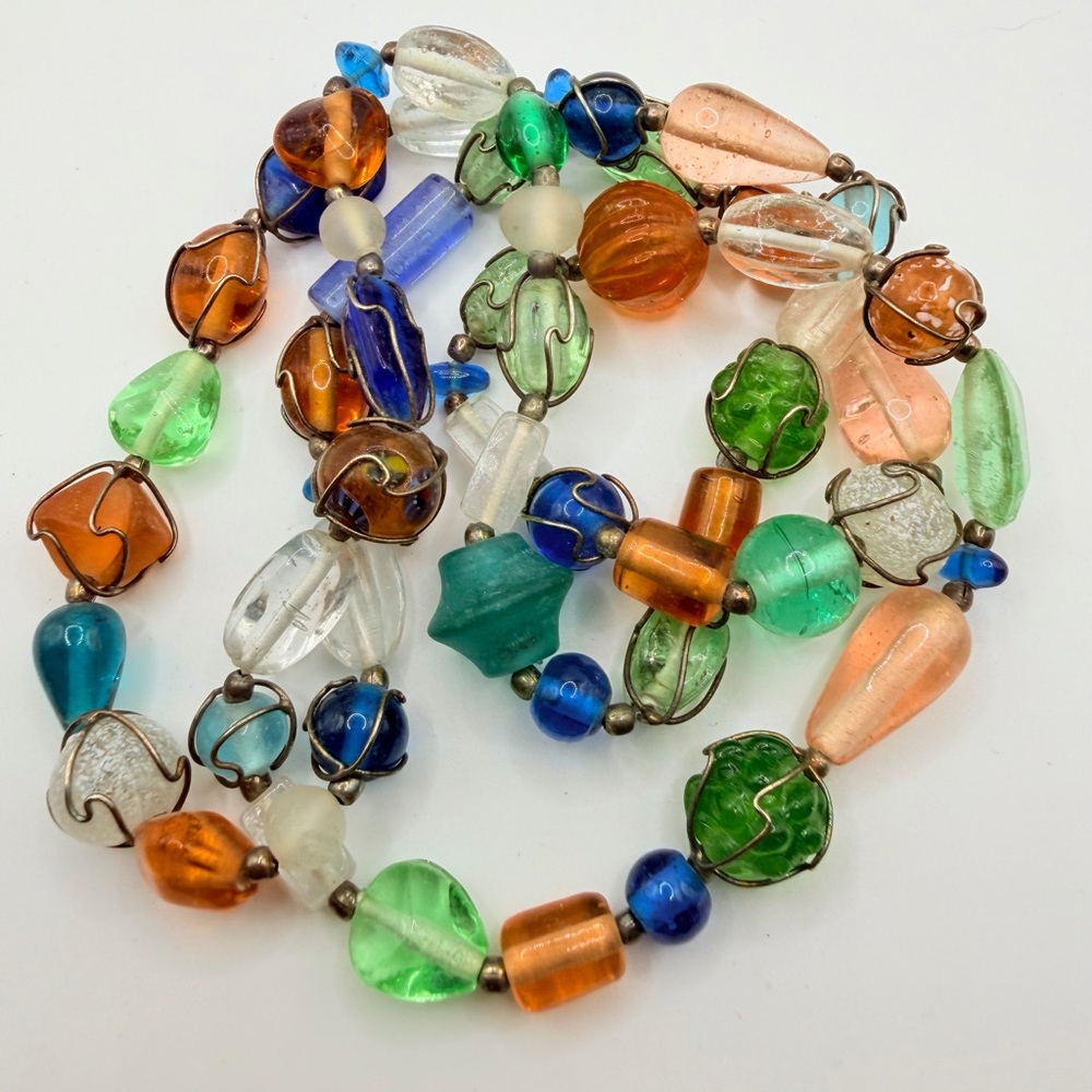 Vintage Colorful Wire Wrapped Murano Art Glass Beaded Necklace